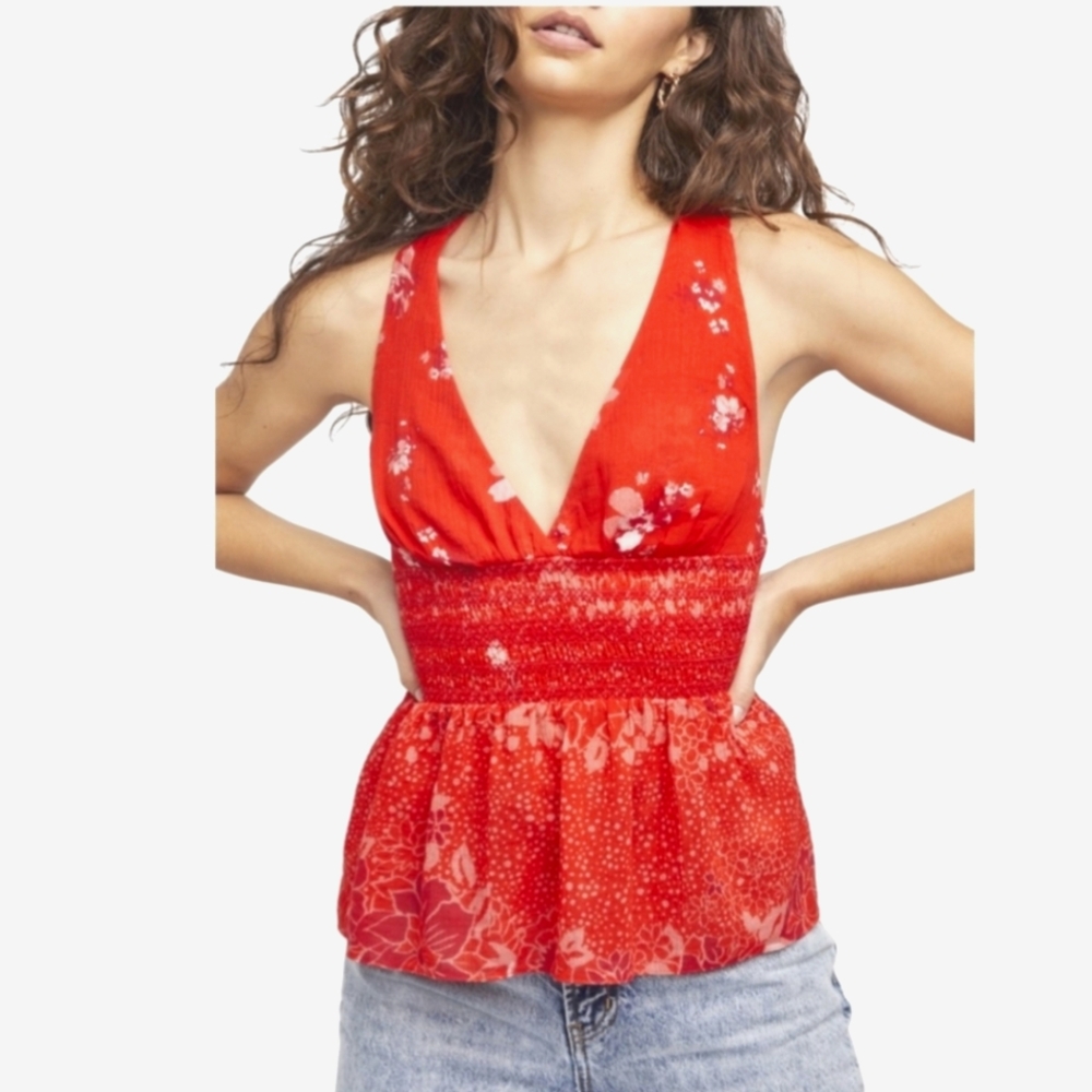 Free People Brinkley Smocked Tank Top Red